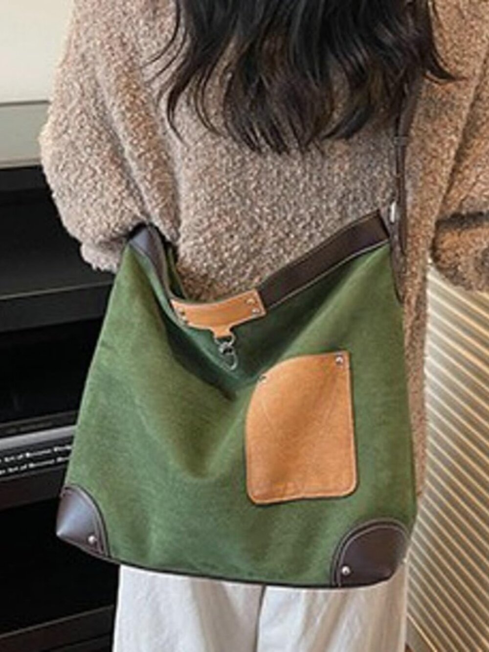 Green Canvas Shoulder Bag with Brown Leather Accents - Picture 7 of 7